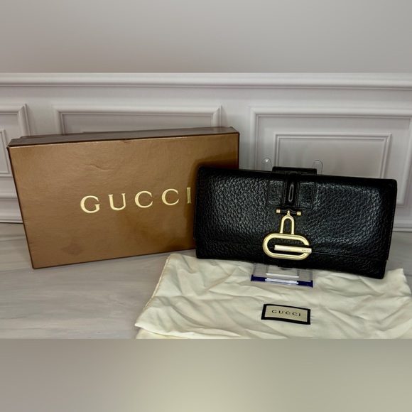 Gucci Black Leather Horsebit Long Wallet Gold Hardware Continental - Picture 1 of 12
